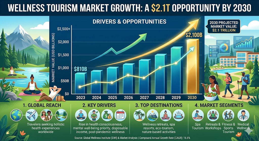 Wellness market growth infographic showing expansion of the global wellness economy and opportunity for luxury hospitality organizations