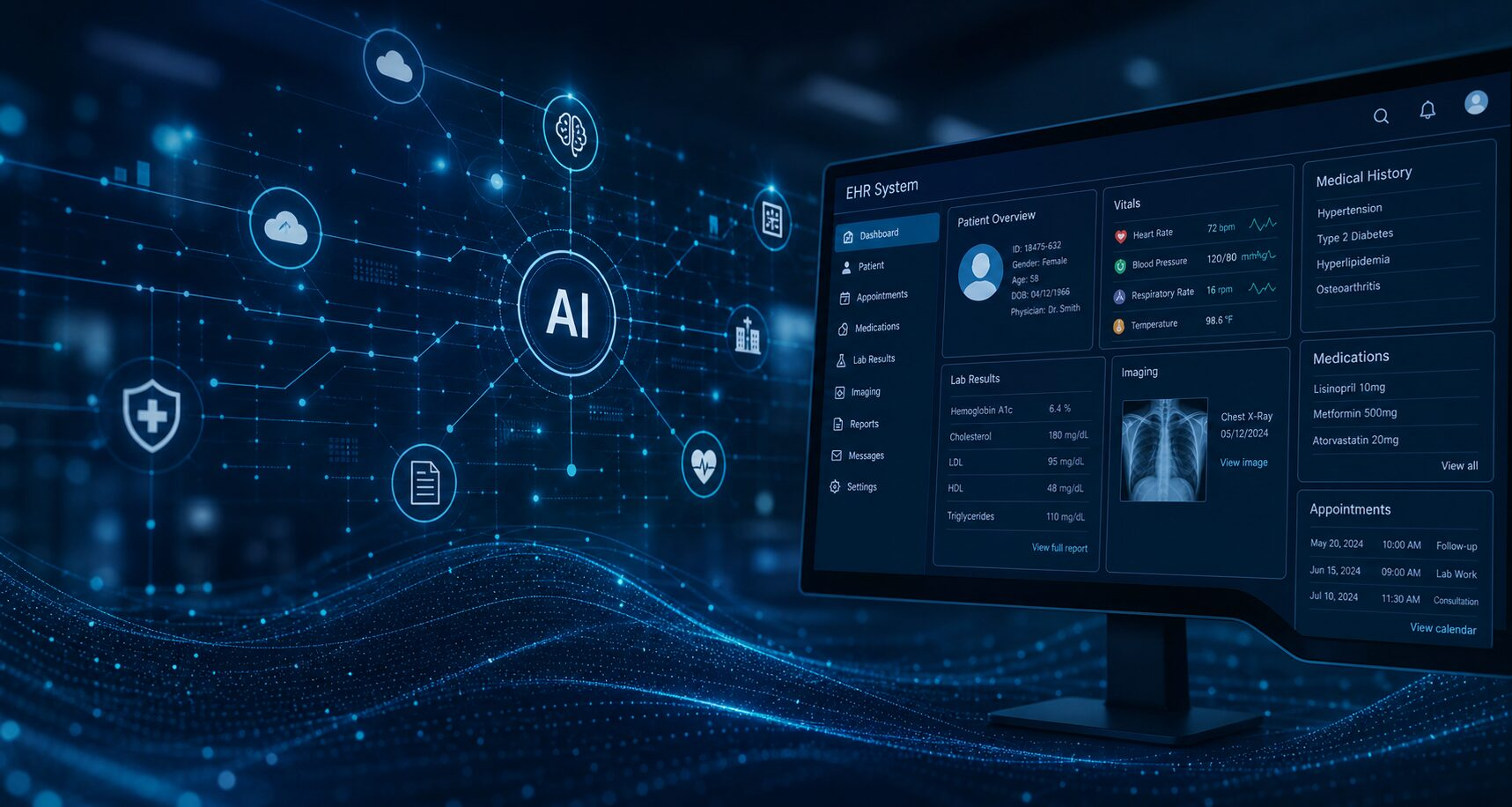 Healthcare AI EHR integration dashboard showing clinical data, analytics, and workflow automation