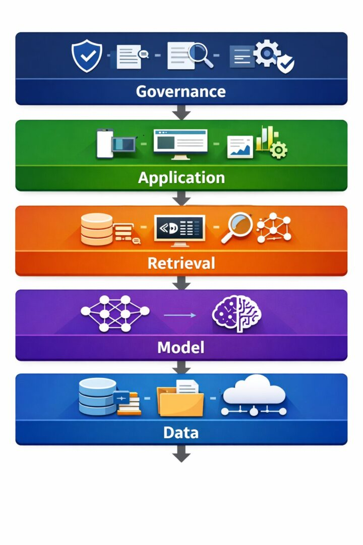 AI system architecture diagram showing data ingestion, model training, inference, and decision flow in modern artificial intelligence systems