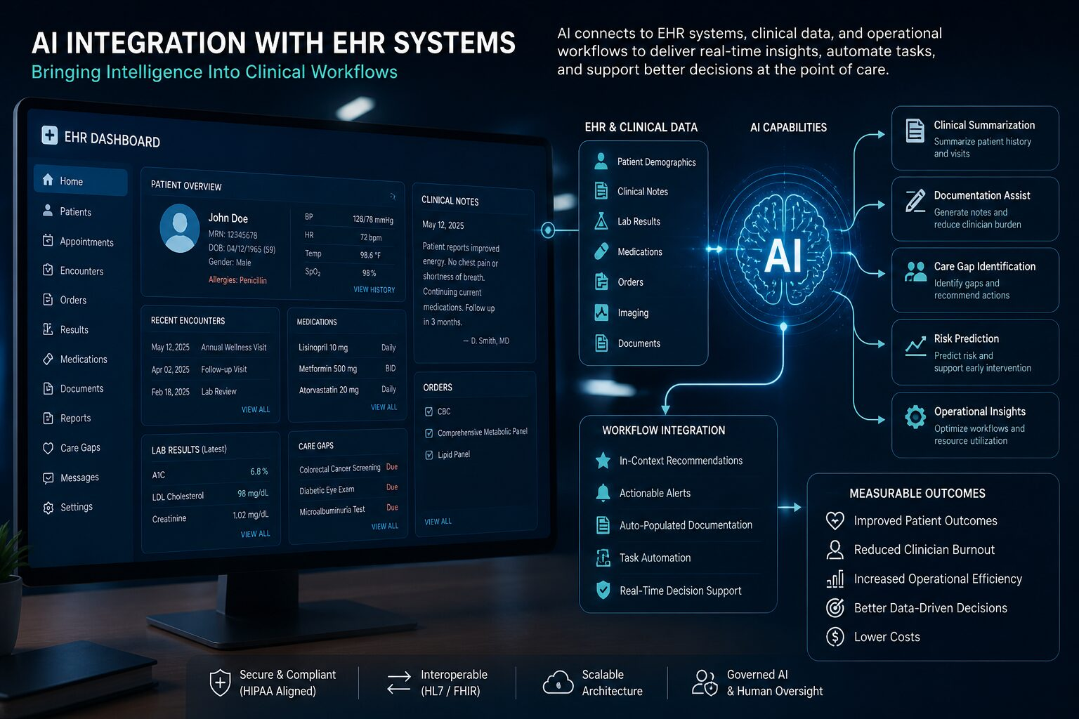 AI EHR integration stack showing clinical data sources, interoperability layer, AI analytics, governance, and workflow delivery