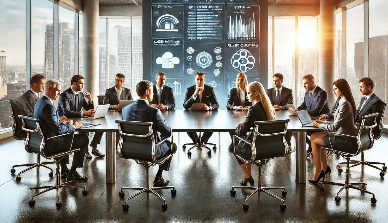 Hospitality executives and business leaders participating in an AI strategy meeting focused on hotel operations, digital transformation, guest experience optimization, analytics, and enterprise decision-making