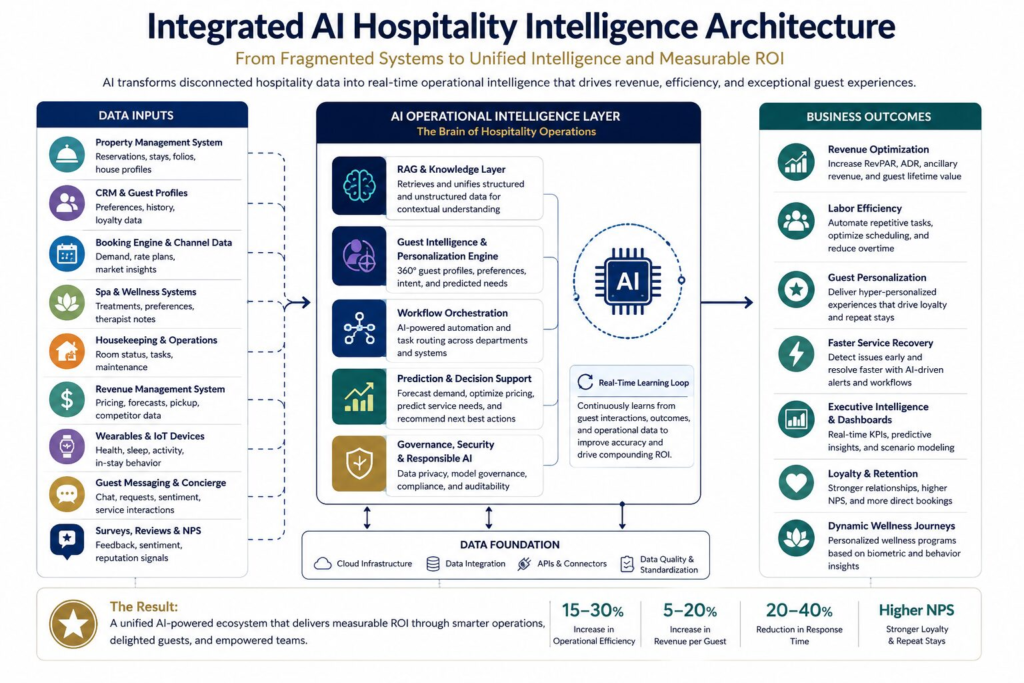Integrated AI hospitality intelligence architecture showing how PMS, CRM, booking systems, wellness platforms, housekeeping operations, revenue management, guest messaging, and wearable data connect to AI operational intelligence for revenue optimization, labor efficiency, guest personalization, and measurable ROI in luxury hospitality.