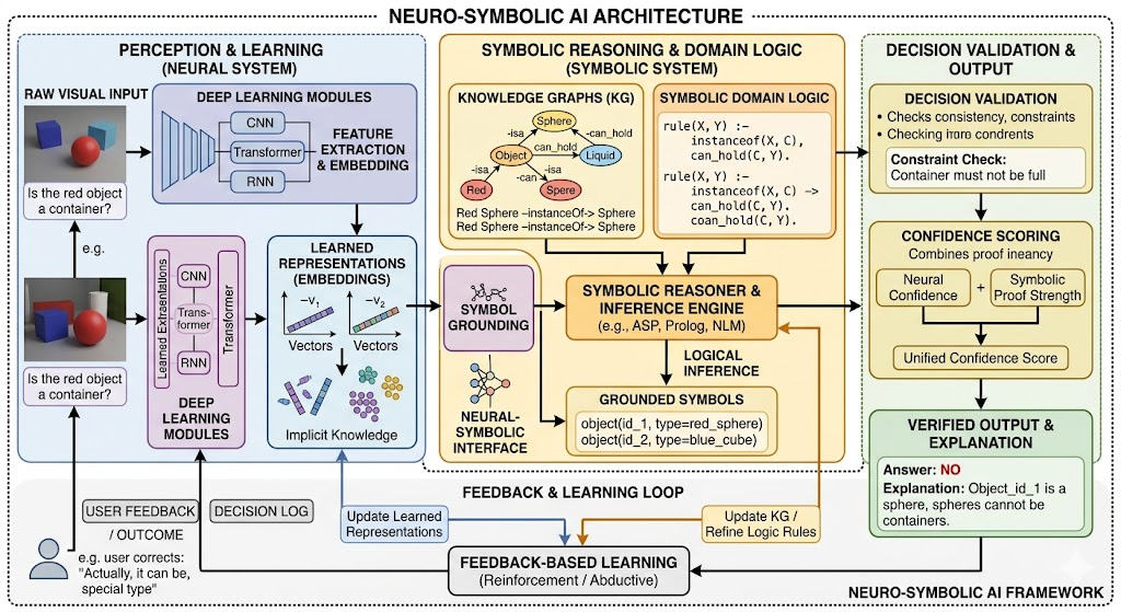 Neuro-symbolic AI architecture diagram showing neural network feature extraction, symbolic domain logic with rules and knowledge graphs, decision validation, confidence scoring, and feedback learning
