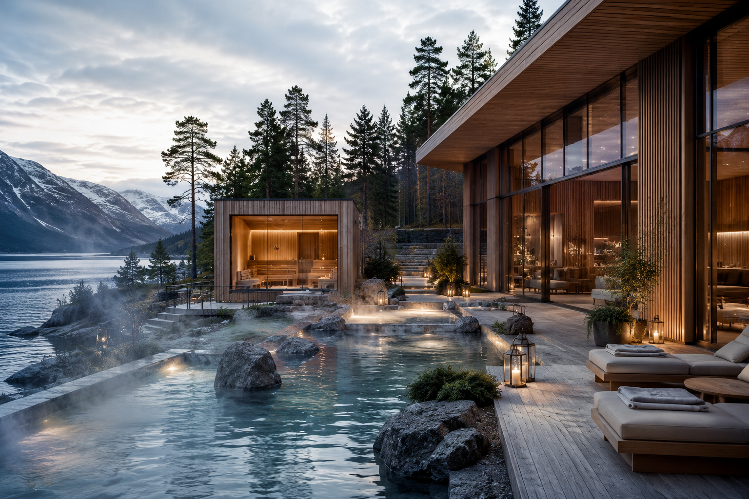Nordic luxury resort interior featuring Scandinavian minimalist architecture, natural light, thermal wellness spa, biophilic design, waterfront views, and emotionally restorative hospitality environments