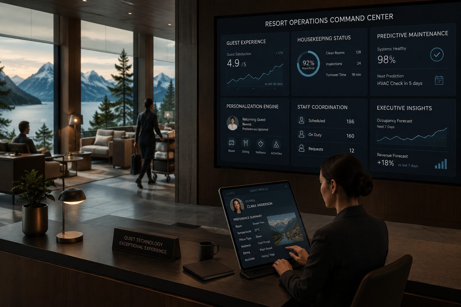 Luxury resort operations center using quiet AI technology for housekeeping coordination, predictive maintenance, guest personalization, workforce communication, and executive hospitality analytics