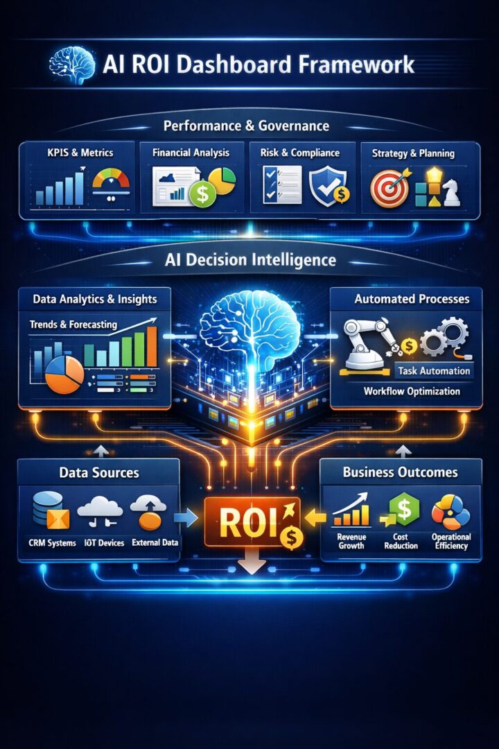 AI ROI dashboard framework showing measurable business value from automation, forecasting, personalization, operational efficiency, decision support, and implementation governance