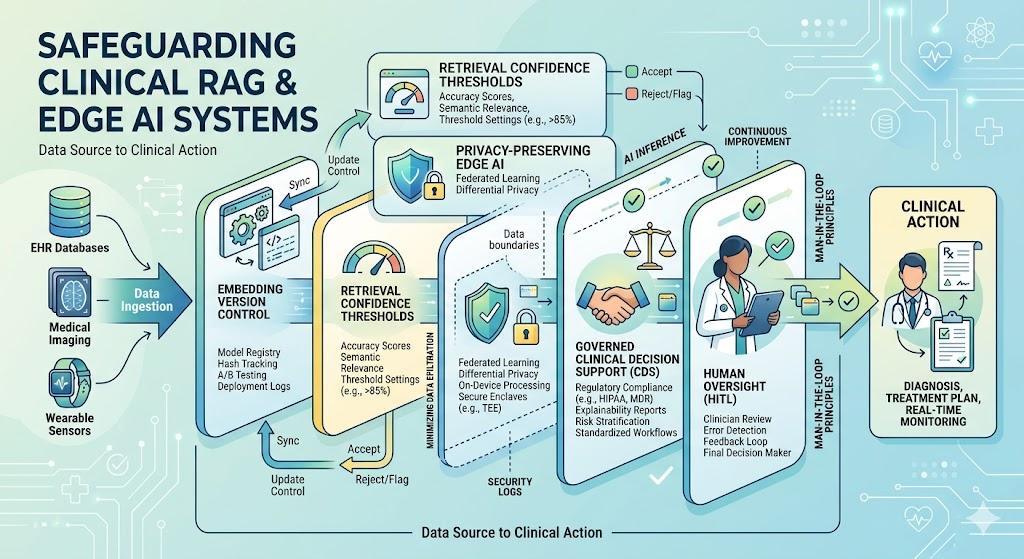 Clinical RAG and Edge AI safeguarding architecture showing data ingestion, embedding version control, retrieval confidence thresholds, privacy-preserving edge AI, human oversight, and governed clinical decision support leading to real-time clinical action