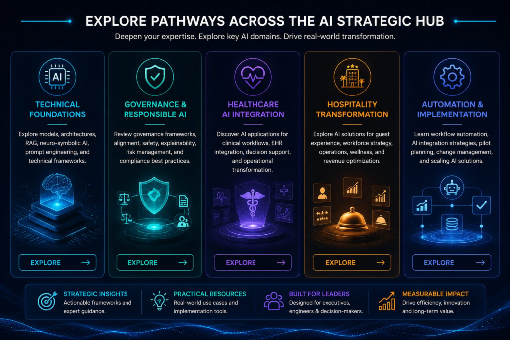 AI Strategic Hub pathways showing technical foundations, governance frameworks, healthcare AI integration, hospitality transformation, and workflow automation resources